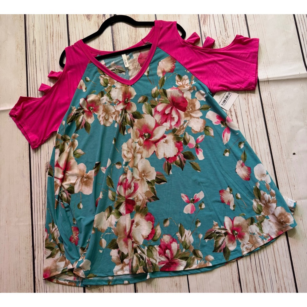 Celeste Floral Cold Shoulder Tunic Top Teal Pink Strappy V-Neck 1XL